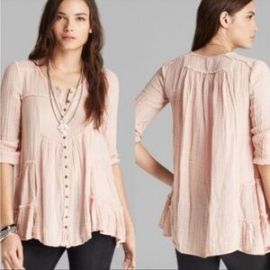 Free People Shirt Gauze Whistle While You Work Pink Tunic Top Pockets Sz XS